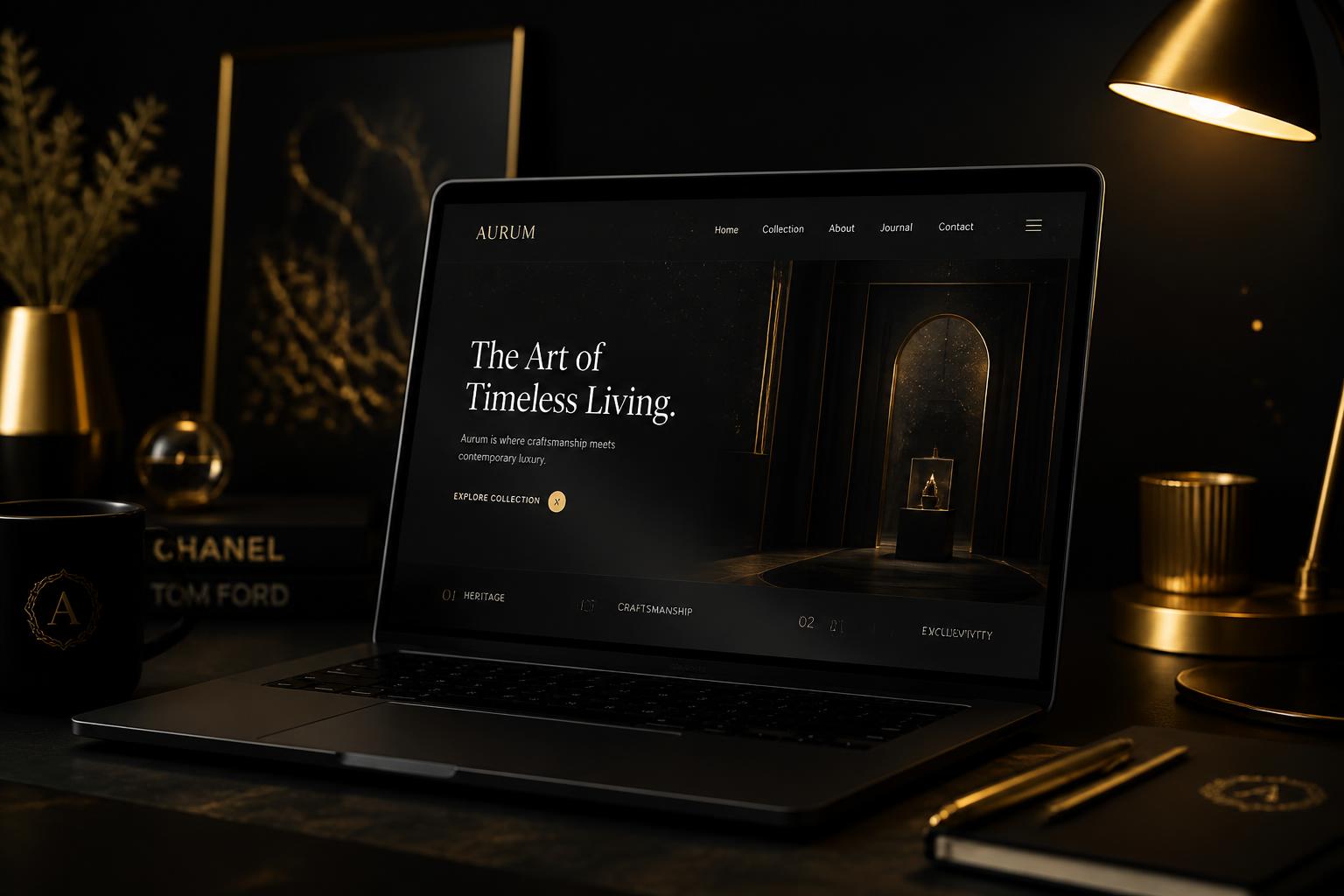 Premium dark workspace showing a modern website design on a laptop